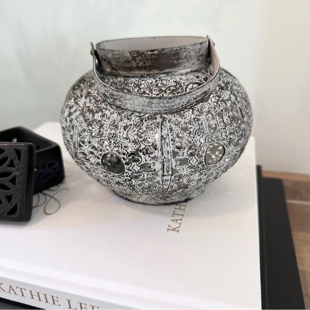 Decorative Metal Lantern Or Vase Perforated Metal With Vintage Look Handle